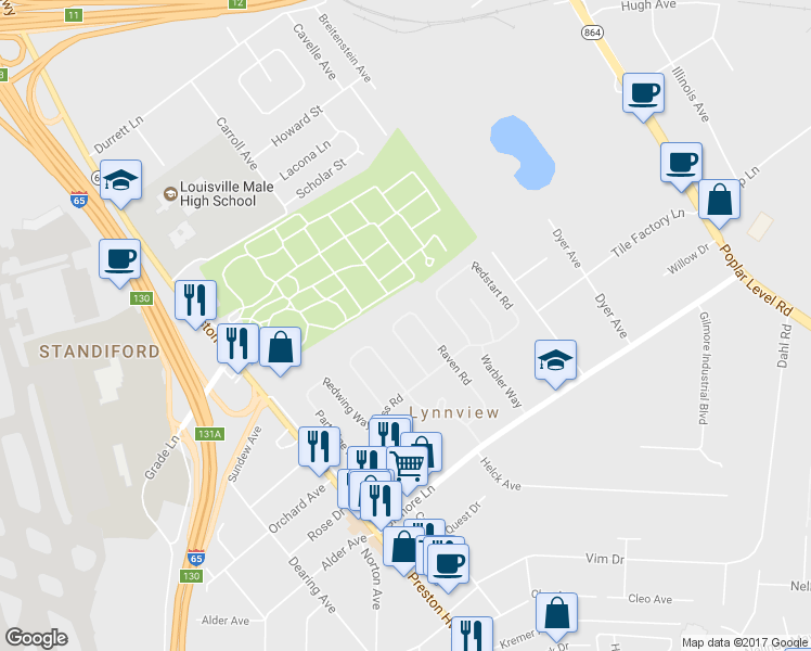 map of restaurants, bars, coffee shops, grocery stores, and more near 4800 Raven Road in Louisville