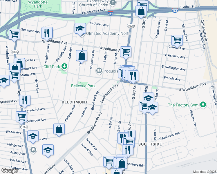 map of restaurants, bars, coffee shops, grocery stores, and more near 4708 Southern Parkway in Louisville