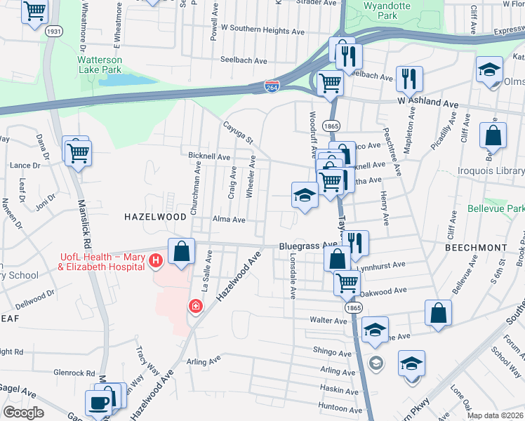 map of restaurants, bars, coffee shops, grocery stores, and more near 4162 Hazelwood Avenue in Louisville