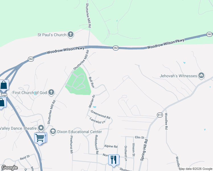 map of restaurants, bars, coffee shops, grocery stores, and more near 705 Bull Run in Staunton