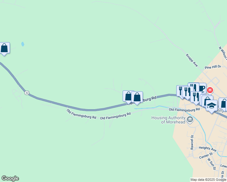 map of restaurants, bars, coffee shops, grocery stores, and more near 129 Bartlett Drive in Morehead