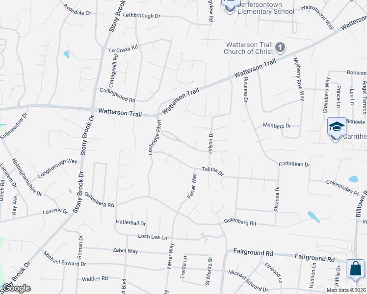 map of restaurants, bars, coffee shops, grocery stores, and more near 9203 1/2 Talitha Drive in Jeffersontown