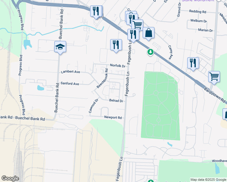 map of restaurants, bars, coffee shops, grocery stores, and more near 4404 Coram Way in Louisville