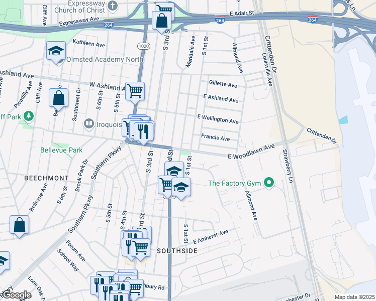 map of restaurants, bars, coffee shops, grocery stores, and more near 112 West Woodlawn Avenue in Louisville