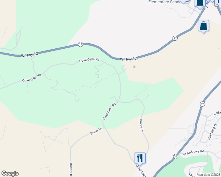 map of restaurants, bars, coffee shops, grocery stores, and more near 901 Quail Oaks Road in Valley Springs