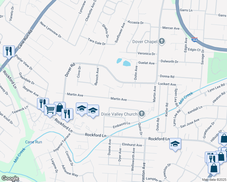 map of restaurants, bars, coffee shops, grocery stores, and more near 4521 Milbarb Lane in Louisville