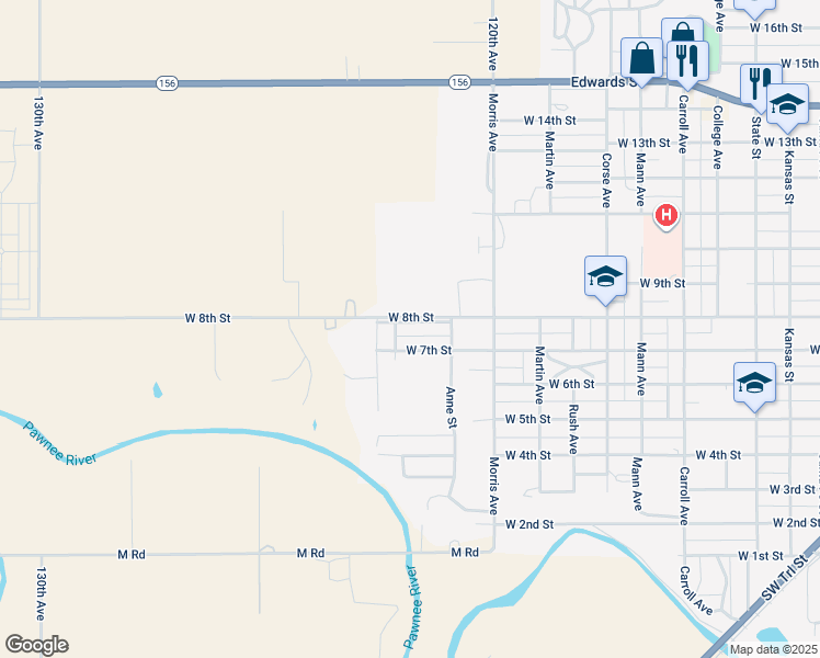 map of restaurants, bars, coffee shops, grocery stores, and more near 1223 West 8th Street in Larned
