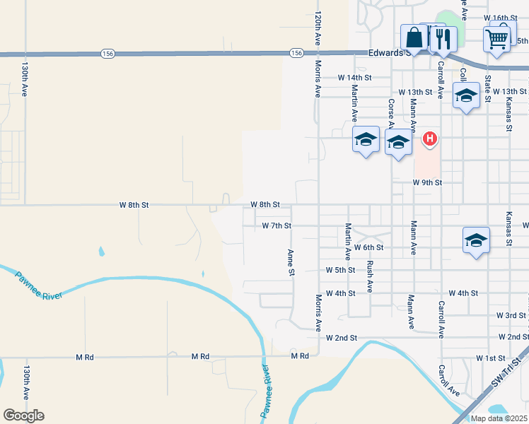 map of restaurants, bars, coffee shops, grocery stores, and more near 1223 West 8th Street in Larned