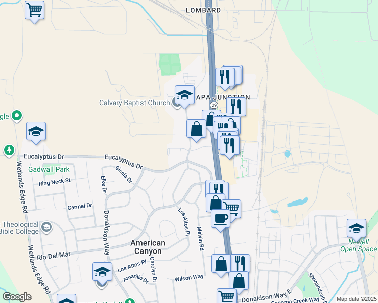 map of restaurants, bars, coffee shops, grocery stores, and more near 21 Theresa Avenue in American Canyon