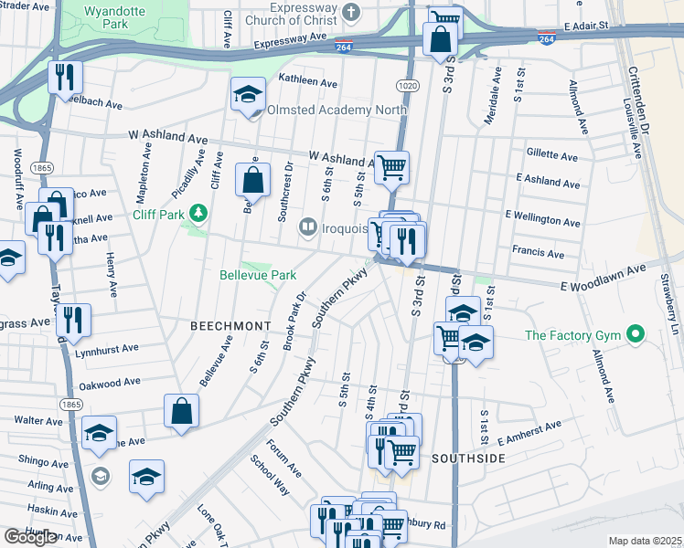map of restaurants, bars, coffee shops, grocery stores, and more near 4708 Southern Parkway in Louisville
