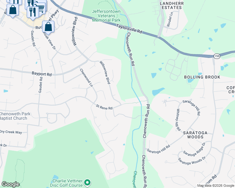 map of restaurants, bars, coffee shops, grocery stores, and more near 11608 Locust View Court in Louisville