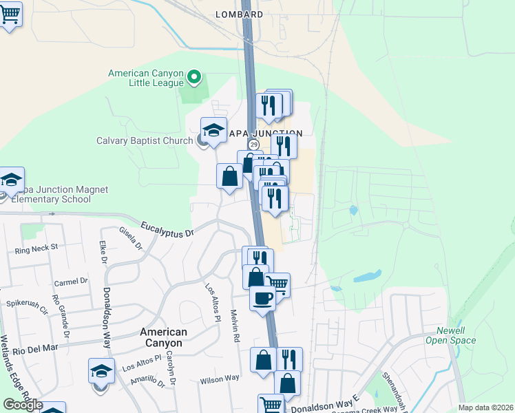 map of restaurants, bars, coffee shops, grocery stores, and more near Broadway in American Canyon