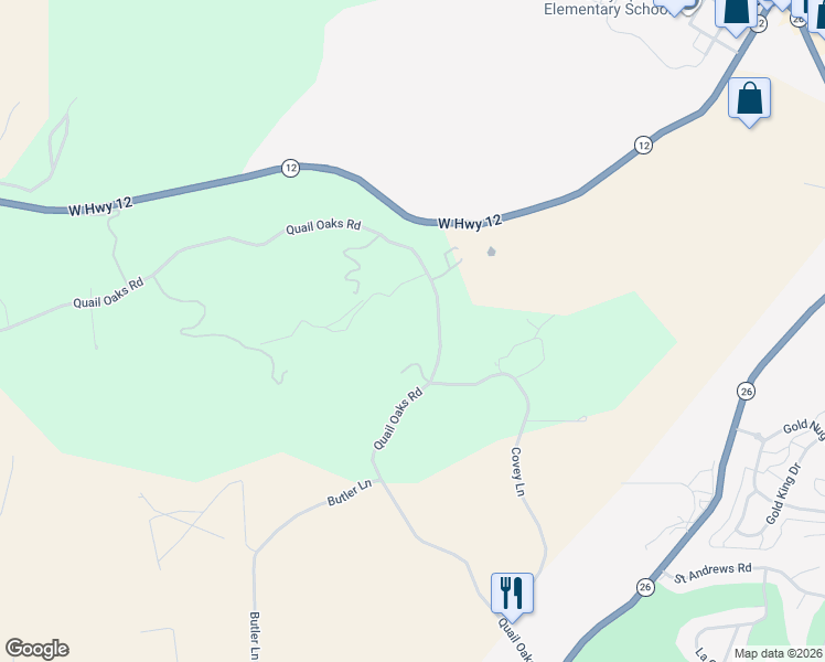 map of restaurants, bars, coffee shops, grocery stores, and more near 901 Quail Oaks Road in Valley Springs