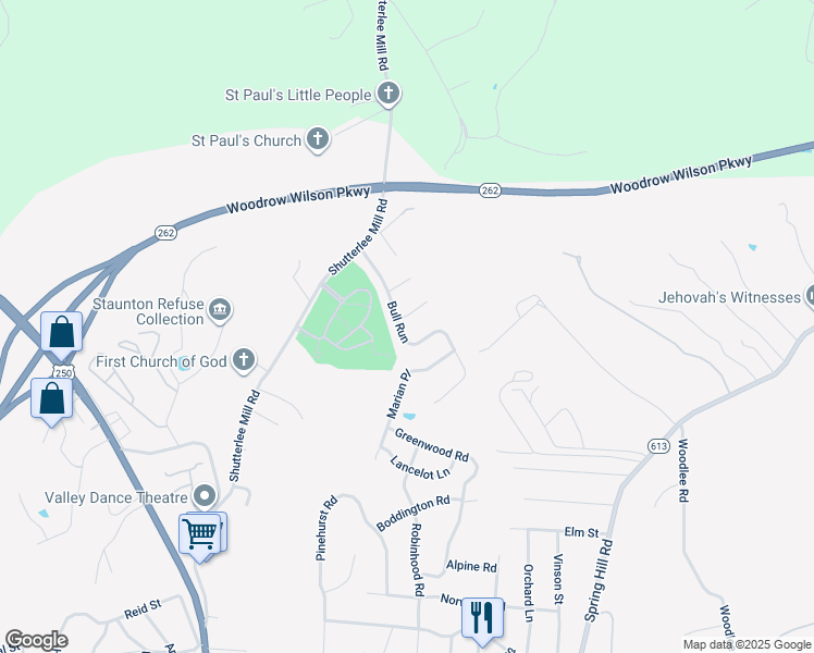 map of restaurants, bars, coffee shops, grocery stores, and more near 719 Bull Run in Staunton