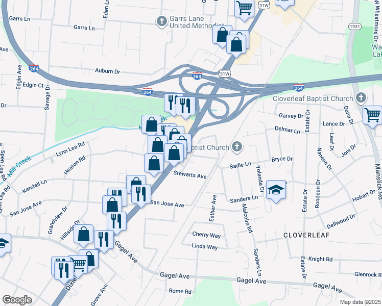 map of restaurants, bars, coffee shops, grocery stores, and more near 1722 Sanders Lane in Shively
