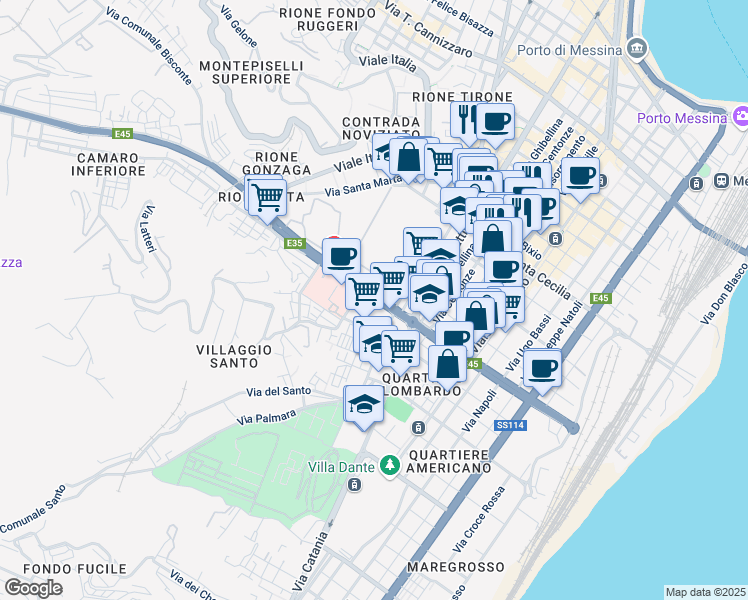 map of restaurants, bars, coffee shops, grocery stores, and more near Via Sicilia in Messina