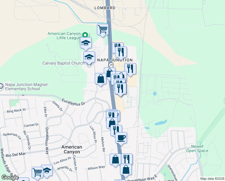 map of restaurants, bars, coffee shops, grocery stores, and more near Broadway in American Canyon