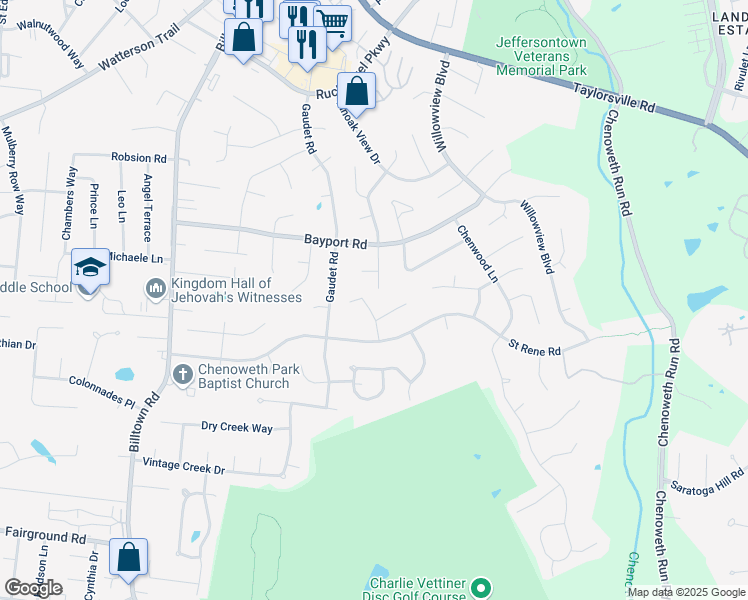 map of restaurants, bars, coffee shops, grocery stores, and more near 4310 Chenny Lane in Jeffersontown