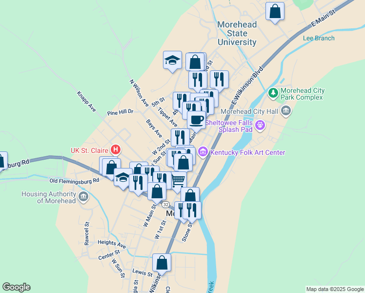 map of restaurants, bars, coffee shops, grocery stores, and more near 125 West Main Street in Morehead