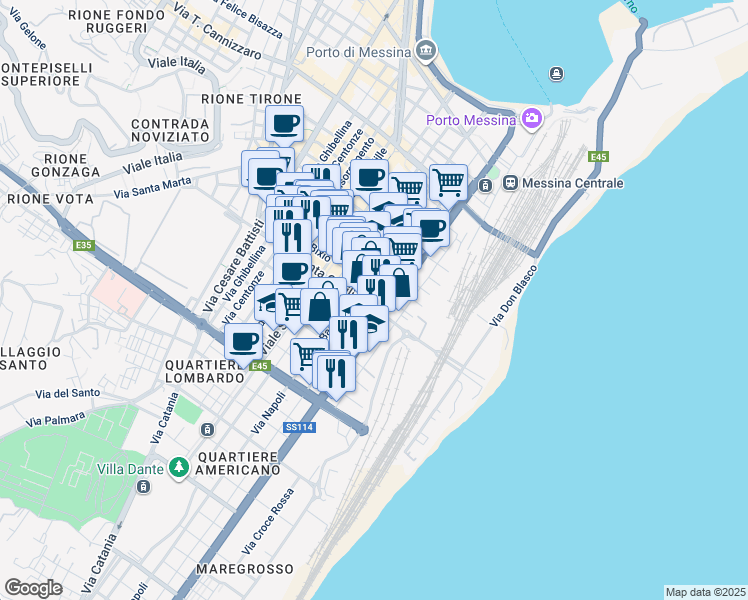 map of restaurants, bars, coffee shops, grocery stores, and more near 101 Via Giuseppe Natoli in Messina