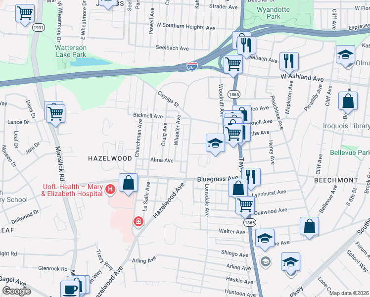 map of restaurants, bars, coffee shops, grocery stores, and more near 4162 Hazelwood Avenue in Louisville