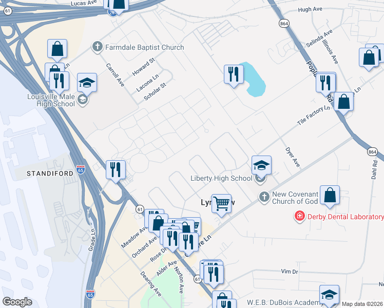 map of restaurants, bars, coffee shops, grocery stores, and more near 4800 Raven Road in Louisville