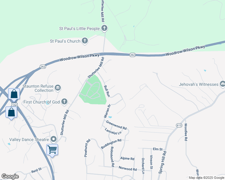 map of restaurants, bars, coffee shops, grocery stores, and more near 719 Bull Run in Staunton
