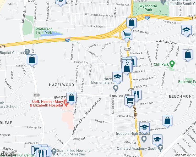 map of restaurants, bars, coffee shops, grocery stores, and more near 4143 Wheeler Avenue in Louisville