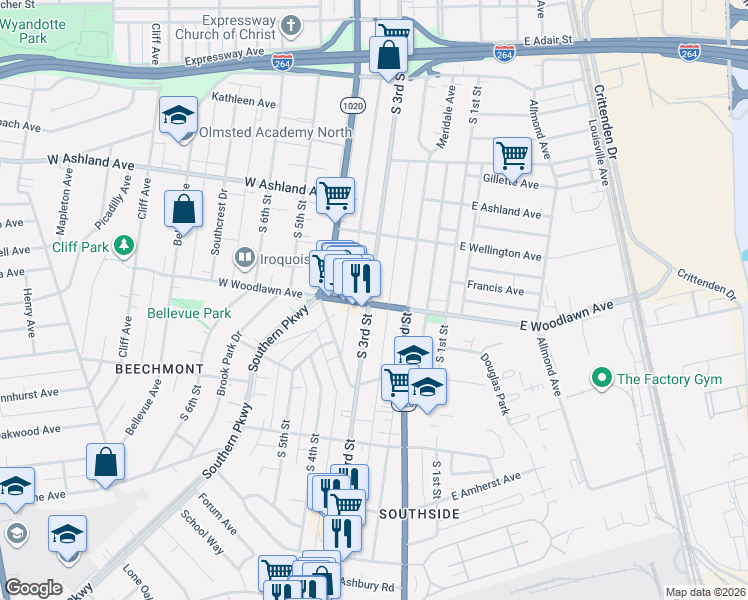 map of restaurants, bars, coffee shops, grocery stores, and more near 221 West Woodlawn Avenue in Louisville