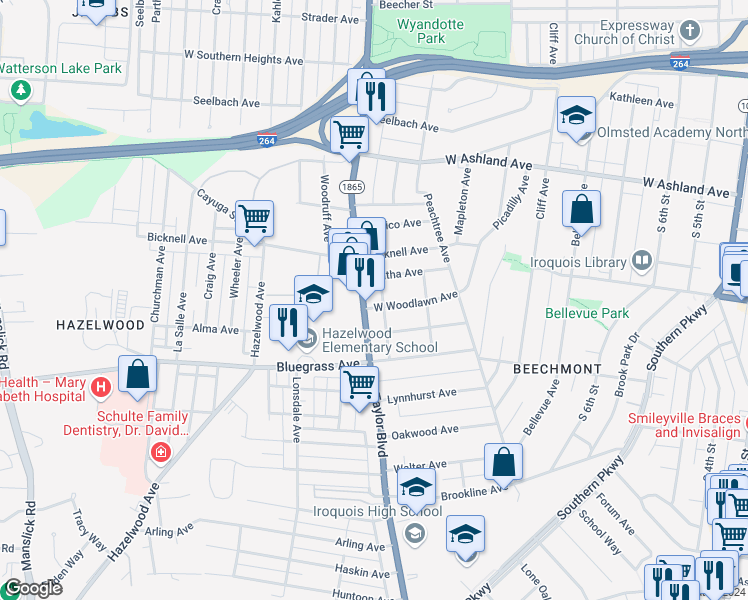 map of restaurants, bars, coffee shops, grocery stores, and more near 4152 Taylor Boulevard in Louisville
