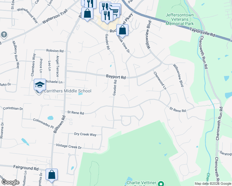 map of restaurants, bars, coffee shops, grocery stores, and more near 4208 Gaudet Road in Jeffersontown