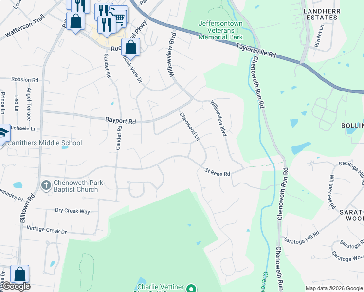 map of restaurants, bars, coffee shops, grocery stores, and more near 10720 Saint Rene Road in Louisville