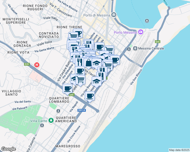 map of restaurants, bars, coffee shops, grocery stores, and more near 210 Via dei Mille in Messina