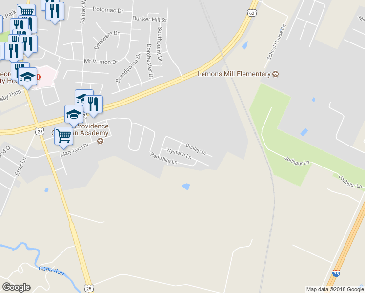 map of restaurants, bars, coffee shops, grocery stores, and more near 100 Dunlap Drive in Georgetown