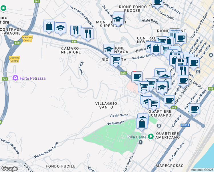 map of restaurants, bars, coffee shops, grocery stores, and more near E13 Salita Montesanto Contrada Petrazza in Messina