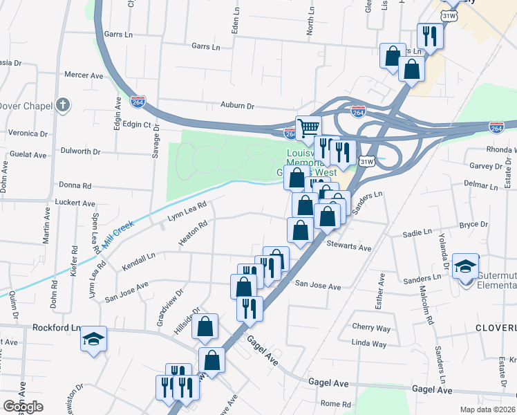 map of restaurants, bars, coffee shops, grocery stores, and more near 1853 Lynn Lea Road in Shively