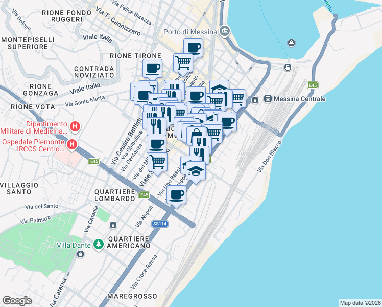 map of restaurants, bars, coffee shops, grocery stores, and more near 126 Via Ugo Bassi in Messina
