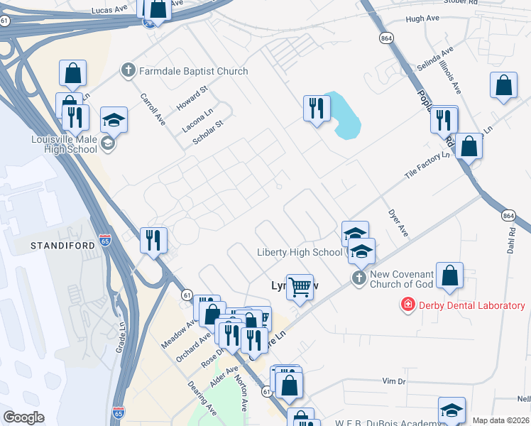 map of restaurants, bars, coffee shops, grocery stores, and more near 4812 Warbler Way in Louisville