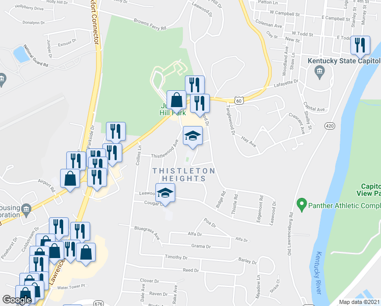 map of restaurants, bars, coffee shops, grocery stores, and more near 120 Deepwood Drive in Frankfort
