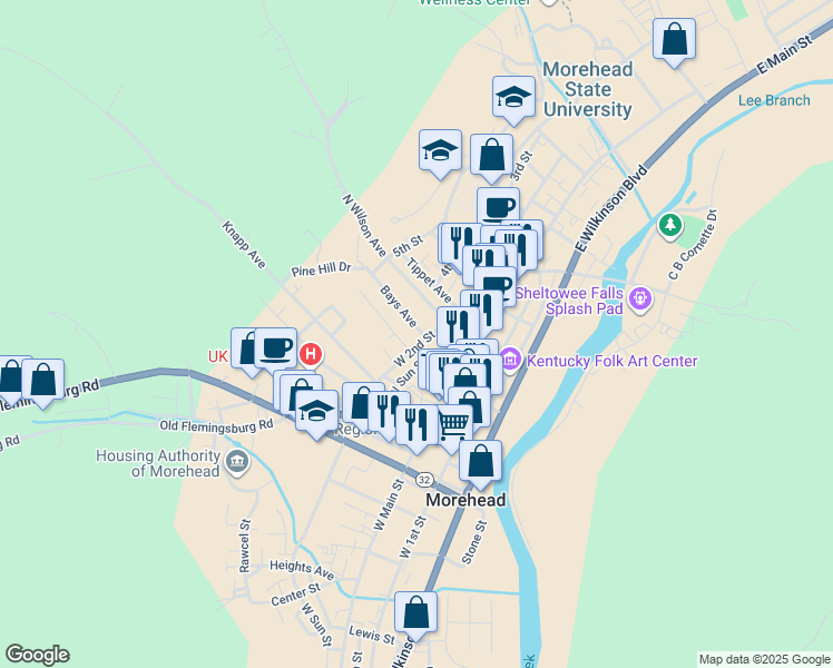 map of restaurants, bars, coffee shops, grocery stores, and more near 220 Bays Avenue in Morehead