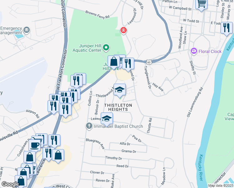 map of restaurants, bars, coffee shops, grocery stores, and more near 124 Deepwood Drive in Frankfort