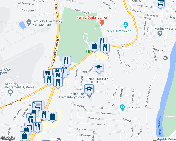 map of restaurants, bars, coffee shops, grocery stores, and more near 162 Thistlewood Avenue in Frankfort