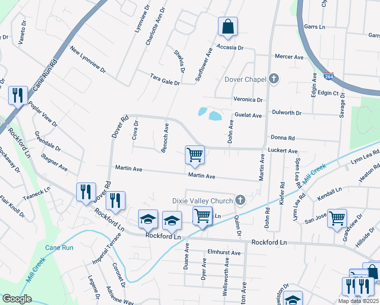 map of restaurants, bars, coffee shops, grocery stores, and more near 4547 Dover Road in Louisville