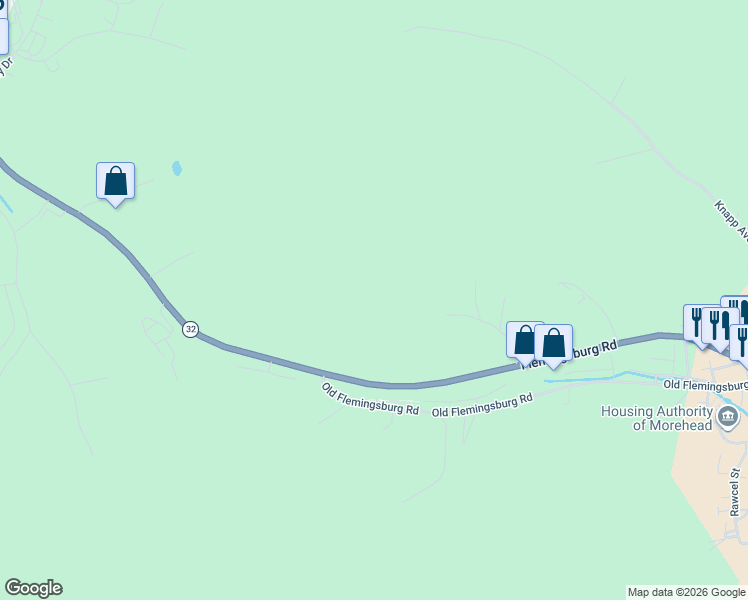 map of restaurants, bars, coffee shops, grocery stores, and more near 1100 Flemingsburg Road in Morehead