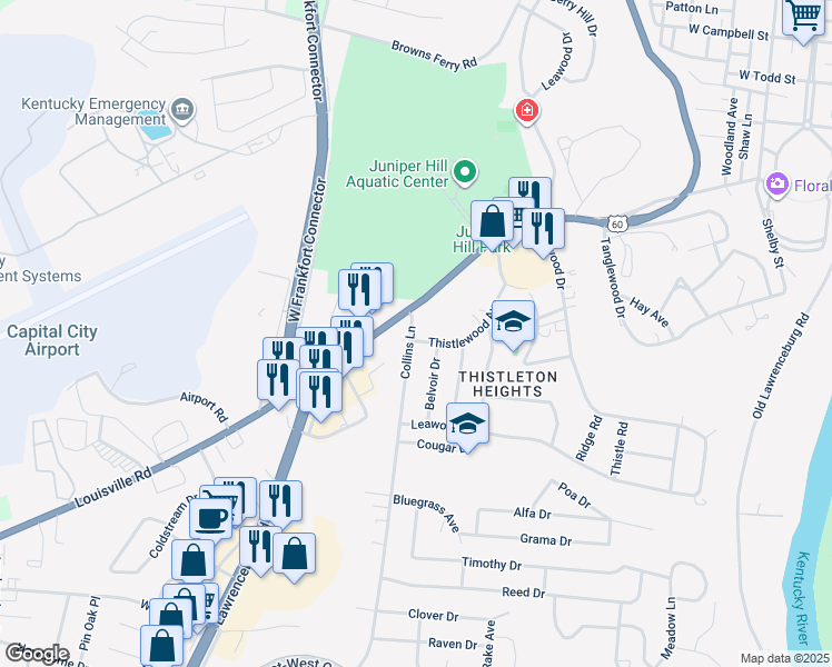 map of restaurants, bars, coffee shops, grocery stores, and more near 904 Louisville Road in Frankfort