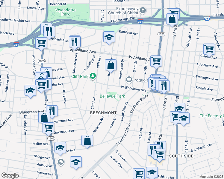map of restaurants, bars, coffee shops, grocery stores, and more near 715 West Woodlawn Avenue in Louisville