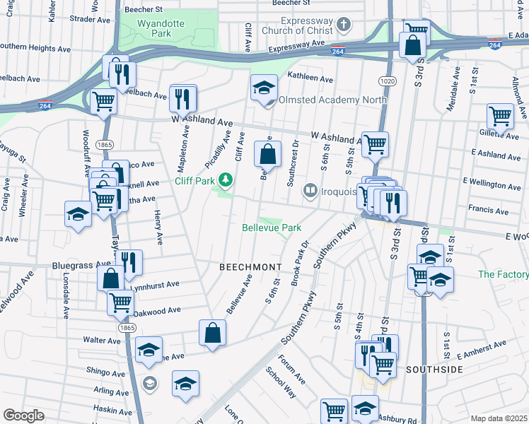 map of restaurants, bars, coffee shops, grocery stores, and more near 715 West Woodlawn Avenue in Louisville