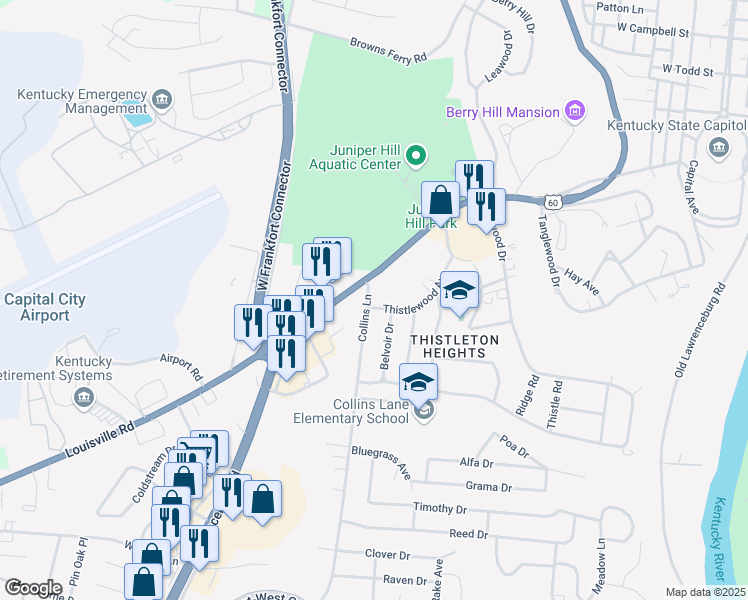 map of restaurants, bars, coffee shops, grocery stores, and more near 851 Louisville Road in Frankfort