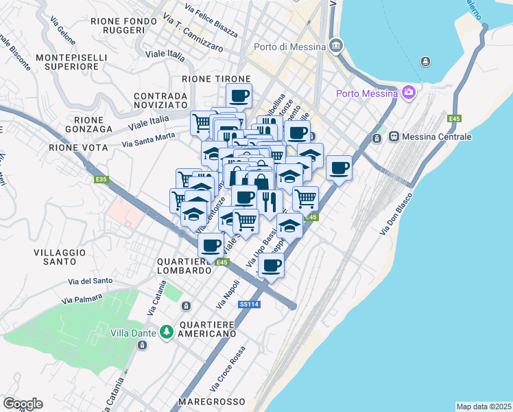 map of restaurants, bars, coffee shops, grocery stores, and more near 99 Via Nino Bixio in Messina