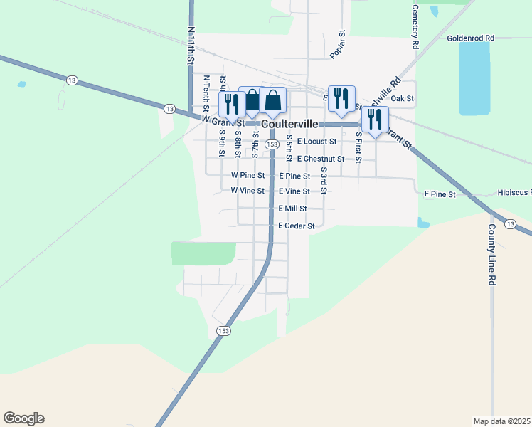 map of restaurants, bars, coffee shops, grocery stores, and more near 510 South Main Street in Coulterville